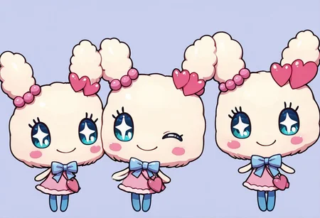 score_9, score_8_up, score_7_up, Tamagotchi, Lovelitchi, ear beads, blue pantyhose, pink DRESS, PINK HEART BAG, blue ribbon, cute, kawaii, chibi, fluffy body, full body, glossy skin, shiny skin, simple background, bright colors, simple shading, smiling, happy, multiple girls, trio, 3girls
