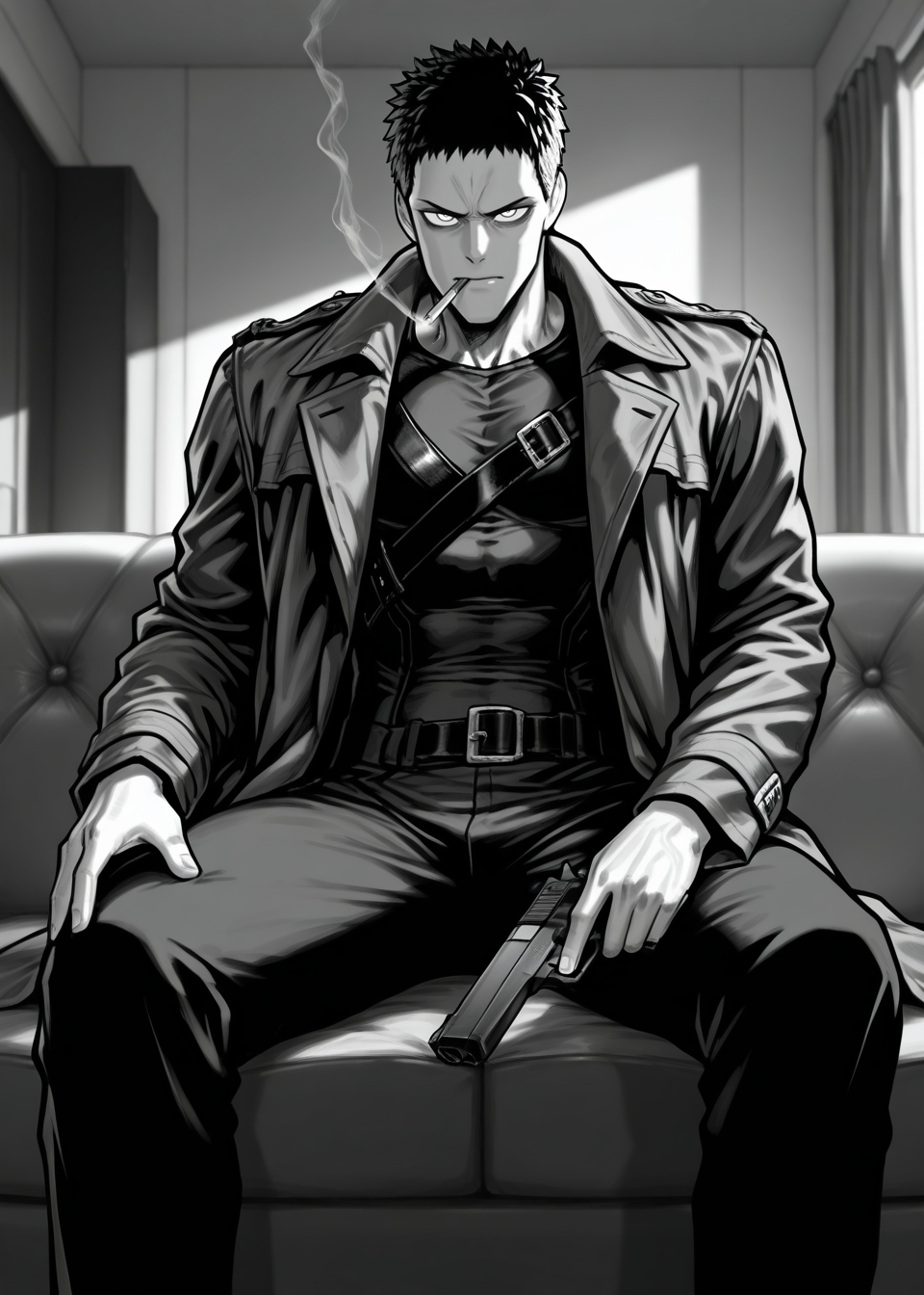 1boy, opmstyle, greyscale, monochrome, jacket, zombieman, buckle, muscular hand, sitting on couch, wifebeater, coat, smoking, smoke trail, angular face, muscular, handgun, looking at viewer, solo, room, high quality, best quality, amazing quality, highres, absurdres, masterpiece, aesthetic, <lora:OPMStyle:1>