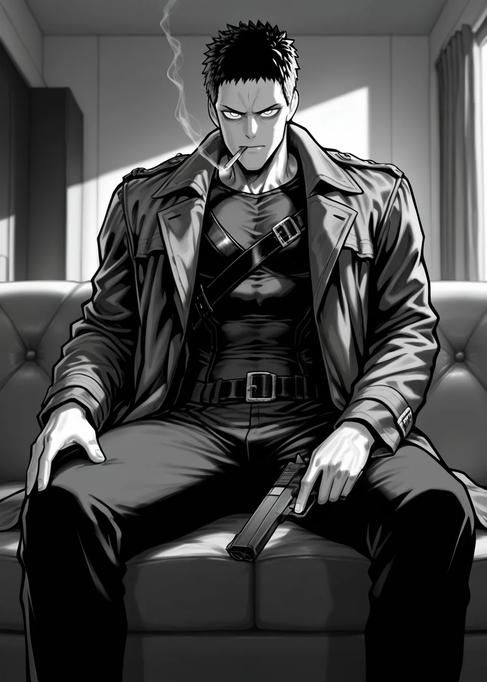 1boy, opmstyle, greyscale, monochrome, jacket, zombieman, buckle, muscular hand, sitting on couch, wifebeater, coat, smoking, smoke trail, angular face, muscular, handgun, looking at viewer, solo, room, high quality, best quality, amazing quality, highres, absurdres, masterpiece, aesthetic, <lora:OPMStyle:1>