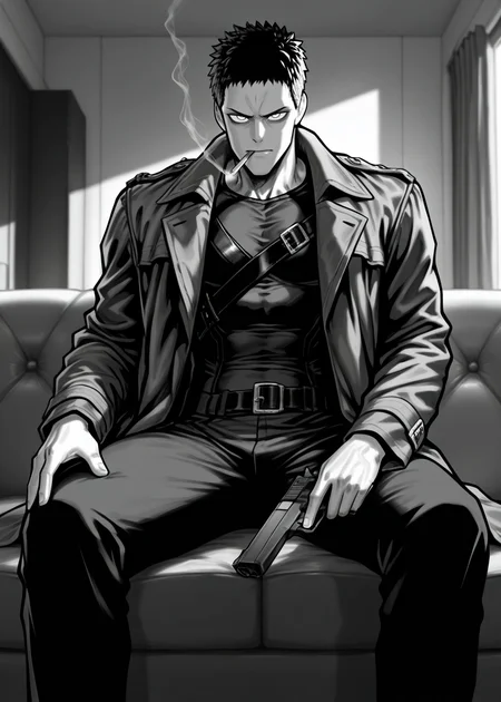 1boy, opmstyle, greyscale, monochrome, jacket, zombieman, buckle, muscular hand, sitting on couch, wifebeater, coat, smoking, smoke trail, angular face, muscular, handgun, looking at viewer, solo, room, high quality, best quality, amazing quality, highres, absurdres, masterpiece, aesthetic, <lora:OPMStyle:1>