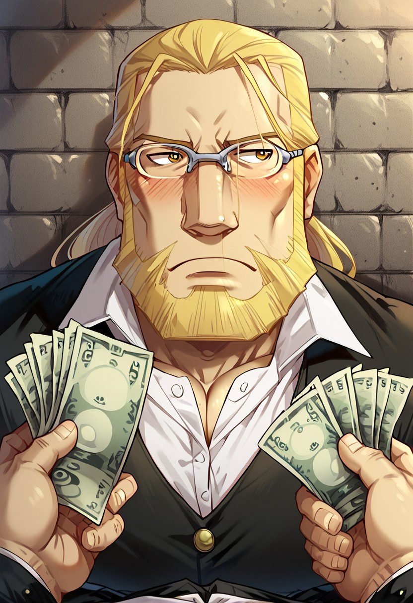 score_9, score_8_up, score_7_up, score_6_up, score_5_up, score_4_up, 1boy, van_hohenheim, blonde hair in a ponytail, blonde beard, glasses, white shirt, brown vest, black trousers, brown boots, muscular, blushing, ((looking away from viewer)), looking to his side, in a dark alley, pov: holding money