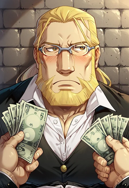 score_9, score_8_up, score_7_up, score_6_up, score_5_up, score_4_up, 1boy, van_hohenheim, blonde hair in a ponytail, blonde beard, glasses, white shirt, brown vest, black trousers, brown boots, muscular, blushing, ((looking away from viewer)), looking to his side, in a dark alley, pov: holding money