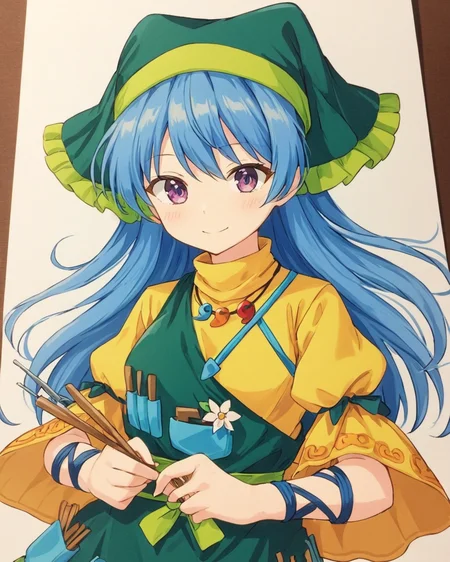 haniyasushin keiki,1girl, solo, traditional_media, green_apron, yellow_dress, tools, magatama_necklace, smile, green_headwear, short_sleeves, head_scarf, looking_at_viewer, dated, one-hour_drawing_challenge, upper_body, paintbrush, puffy_sleeves, marker_\(medium\), yellow_sleeves, flower, between_fingers, pocket, closed_mouth
<lora:haniyasushin_keiki_image1264_2023-12-20-000014:1>,star-shaped_pupils,symbol-shaped_pupils,. gorgeous,key visual, vibrant, studio anime,award-winning, professional, highly detailed,high budget, cinemascope
