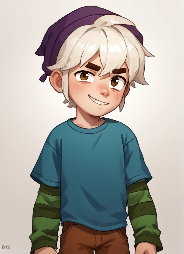score_9, score_8_up, score_7_up, 1boy, <lora:bs_gus:1> bsgus ,green sleeves , blue shirt ,brown shorts , white hair ,Striped sleeves ,purple headwear , looking at viewer, <lora:PossumMachine:1>posmach , light smile,