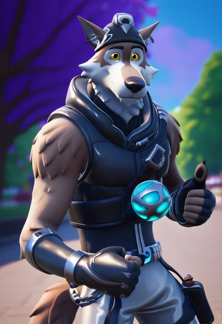score_9, score_8_up, score_7_up, BREAK, <lora:Lunas-FortniteStyle-SDXL-A1:1>,1boy, solo, male focus, (((detailed eyes, perfect eyes, black dot as iris, relaxed eyes, eye focus))),
wendell, anthro wolf, tan and white fur, large pointed ears, yellow eyes, black beanie, earrings, black sleek sleeveless vest, glowing blue orb strapped across chest, metalic silver shorts with black trim and utility elements, silver belt, chain attached to belt, small pouch on his thigh, anthro feet, black fingerless gloves, black boots, wolf tail,
city, trees, street, upper body view,giving thumbs up, looking at viewer,
