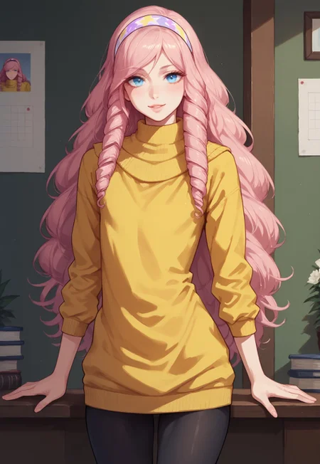 safe_pos, score_9, score_8_up, score_7_up, score_6_up, score_5_up, score_4_up, masterpiece, perfect face, perfect eyes, class room, sexy trap,tsukimiya ringo, pink hair, long hair, drill hair, blue eyes, hairband, yellow sweater dress, turtleneck, black leggings, standing, sexy pose, seductive, flat chest, thick thighs, front view, femboy focus, looking at viewer,