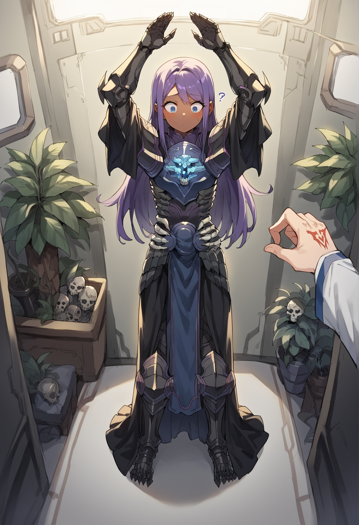 1girl, genderswap, age regression, small breasts, long hair, purple hair, dark skin, blue yes, armor, full armor, knight, skull, mask, pauldrons, arms up, standing, oversized clothes, surprised, blush, confused, looking down,  indoors, spacecraft interior, plant, bed, single pov hand, command spell, from above <lora:First_Hassan:1>, score_9, score_8_up, score_7_up, score_6_up, score_5_up, score_4_up, BREAK source_anime, masterpiece