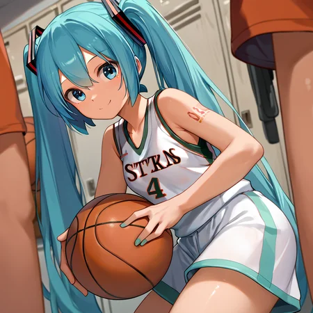 score_9, score_8_up, score_7_up, score_9, score_8_up, score_7_up,1girl,hatsune miku,blue hair, twintails, basketball uniform, against locker, smiling, big blue eyes, l0ckerroom, locker_room <lora:Locker-Room_Fun:1>