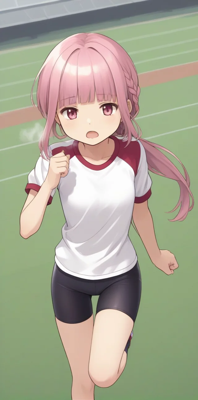score_9, score_8_up, score_7_up, source_anime,
at track, school, winter, sky, running pose,
from above, 
<lora:tamakiiroha_01XLP:0.8>, 
1girl, solo, tamakiiroha, low ponytail, long ponytail,braid,pink hair, blunt bangs, sidelocks, pink eyes, small breasts,
tired, exhaustion, open mouth, steam breath,
gym shirt, bike shorts,