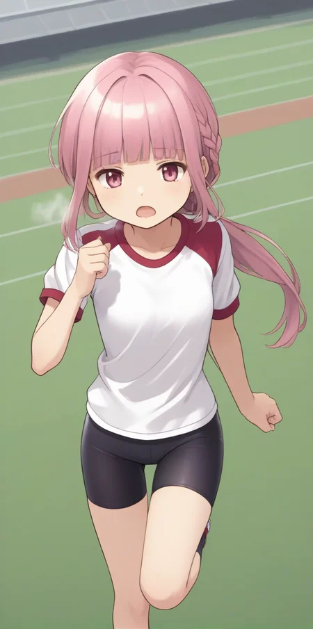 score_9, score_8_up, score_7_up, source_anime,
at track, school, winter, sky, running pose,
from above,
<lora:tamakiiroha_01XLP:0.8>,
1girl, solo, tamakiiroha, low ponytail, long ponytail,braid,pink hair, blunt bangs, sidelocks, pink eyes, small breasts,
tired, exhaustion, open mouth, steam breath,
gym shirt, bike shorts,