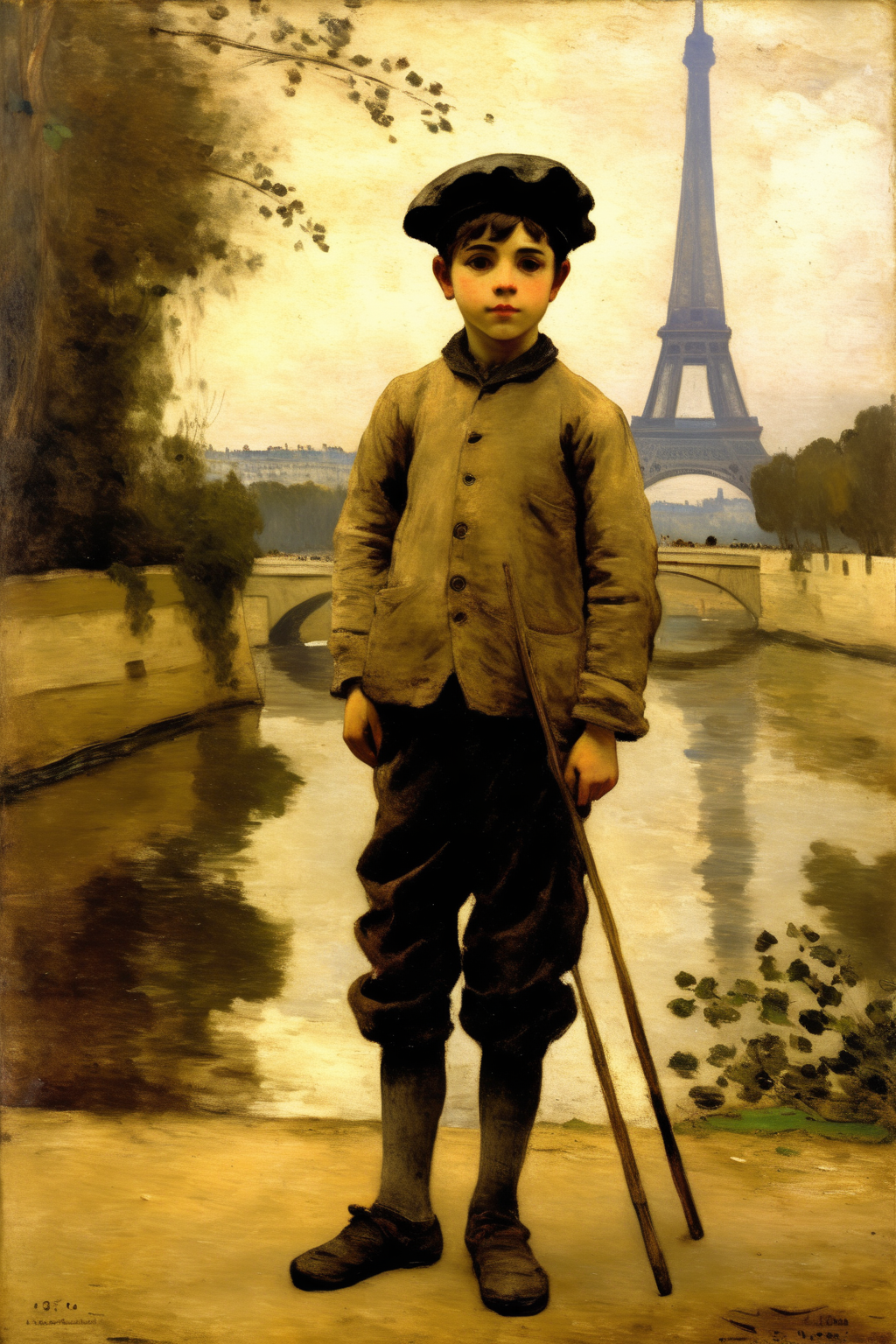 <lora:Jean-Baptiste-Camille Corot Style:1>Jean-Baptiste-Camille Corot Style - photographic style boy wearing beret France painting Eiffel Tower artistic Paris culture creative impressionism pioneer Claude Monet 1889