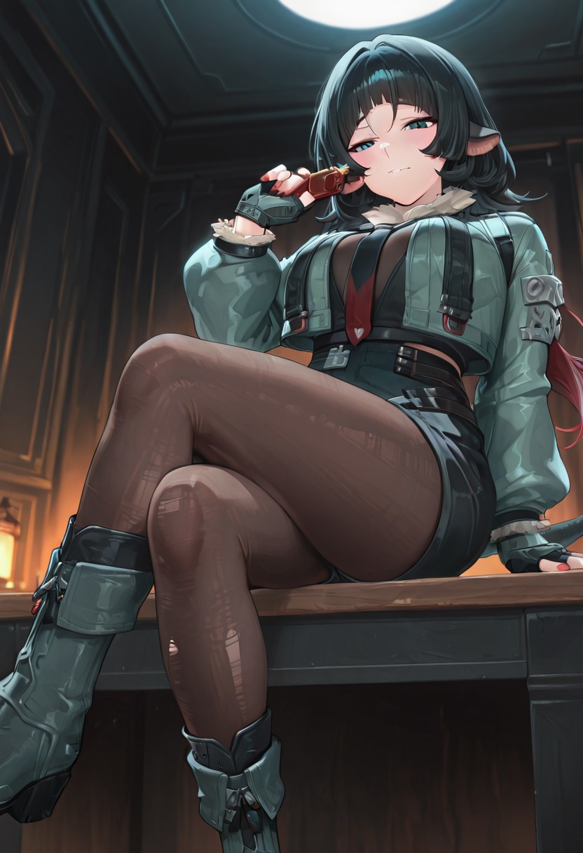 masterpiece, best quality, absurdres, ultra-detailed, detailed skin,    J4n3-D03, 1girl, green jacket,black shorts, fingerless gloves, belt, shirt,boots，pantyhose，sitting on table，dark room，night，view from below，foot focus，(crossed_legs:1.8)，disgusted face，