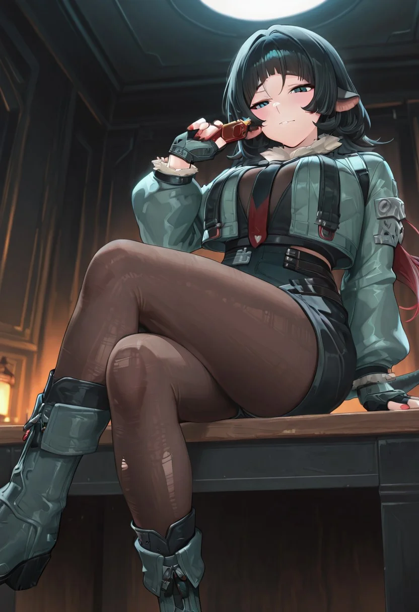 masterpiece, best quality, absurdres, ultra-detailed, detailed skin, J4n3-D03, 1girl, green jacket,black shorts, fingerless gloves, belt, shirt,boots,pantyhose,sitting on table,dark room,night,view from below,foot focus,(crossed_legs:1.8),disgusted face,