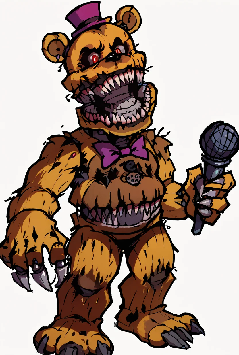 score_9, score_8_up, score_7_up,, good quality ,, character focus, solo, , best quality , detailed background, <lora:fredmare-10:1> fredmare, purple top hat, , teeth, no humans, purple bowtie, sharp teeth, claws, red eyes, bear, mini hat, , simple background, blue bedroom, dark room, <lora:17Bucks_style_-_Friday_Night_Funkin:1> cartoon, stylized art, cartoonish, cartoon, flat colors, bold outlines, rough outlines, gradient shading, minimal gradients, indie cartoon aesthetic, full body, standing, digital art, 2d, 2d art, holding, holding microphone, white background, seventeenbucks