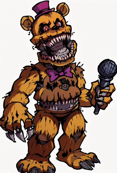 score_9, score_8_up, score_7_up,,  good quality ,, character focus, solo, , best quality , detailed background,  <lora:fredmare-10:1> fredmare, purple top hat, , teeth, no humans, purple bowtie, sharp teeth, claws, red eyes, bear, mini hat, , simple background, blue bedroom, dark room, <lora:17Bucks_style_-_Friday_Night_Funkin:1> cartoon, stylized art, cartoonish, cartoon, flat colors, bold outlines, rough outlines, gradient shading, minimal gradients, indie cartoon aesthetic, full body, standing, digital art, 2d, 2d art, holding, holding microphone, white background, seventeenbucks