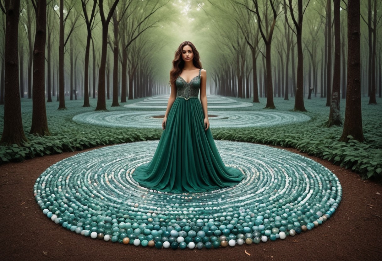 lazypos, made of marbles, A woman in a flowing dress of marbles stands in an emerald forest, a fairy ring encircling her, but as she moves, her form dissolves into swirling, rainbow abstract patterns that ripple like sound waves., contemporary urban realism meets ethereal literary illustration, powerful female portraiture with atmospheric storytelling, classical oil technique fused with delicate watercolor textures, street art aesthetics blended with gothic romanticism, rich earthy tones layered with soft muted pastels, expressive brushwork and intricate costume detail, textured urban settings with fairytale undertones, emotional realism meets dreamlike composition, cultural identity portrayed through poetic environments, symbolic backgrounds with moody light, narrative portraiture infused with mystery, realism and fantasy in intimate balance, dogwood trees