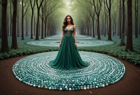 lazypos, made of marbles, A woman in a flowing dress of marbles stands in an emerald forest, a fairy ring encircling her, but as she moves, her form dissolves into swirling, rainbow abstract patterns that ripple like sound waves., contemporary urban realism meets ethereal literary illustration, powerful female portraiture with atmospheric storytelling, classical oil technique fused with delicate watercolor textures, street art aesthetics blended with gothic romanticism, rich earthy tones layered with soft muted pastels, expressive brushwork and intricate costume detail, textured urban settings with fairytale undertones, emotional realism meets dreamlike composition, cultural identity portrayed through poetic environments, symbolic backgrounds with moody light, narrative portraiture infused with mystery, realism and fantasy in intimate balance, dogwood trees
