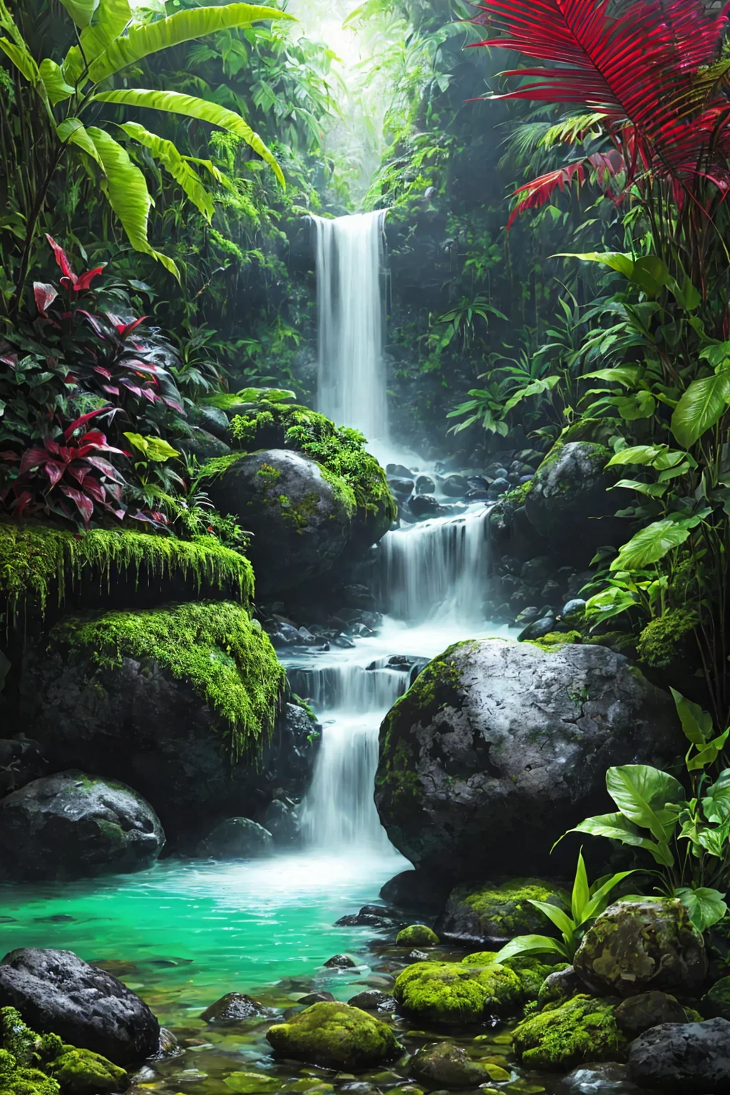 sunny tropical jungle vivid colors asymmetrical waterfall into shallow pool rough chiseled large moss covered boulders (colorful plants:1.2) volumetric fog high contrast
(masterpiece:1.2) (flat vector illustration:1.1) (best quality:1.2) (detailed) (intricate) (8k) (HDR) (wallpaper) (cinematic lighting) (sharp focus)