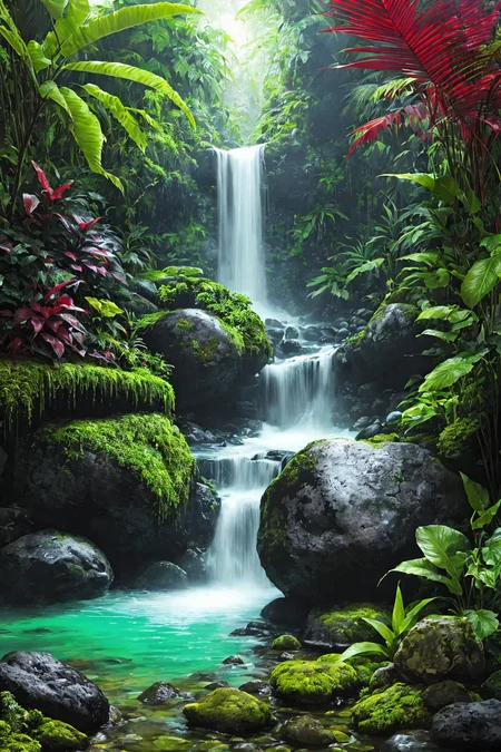 sunny tropical jungle vivid colors asymmetrical waterfall into shallow pool rough chiseled large moss covered boulders (colorful plants:1.2) volumetric fog high contrast
(masterpiece:1.2) (flat vector illustration:1.1) (best quality:1.2) (detailed) (intricate) (8k) (HDR) (wallpaper) (cinematic lighting) (sharp focus)