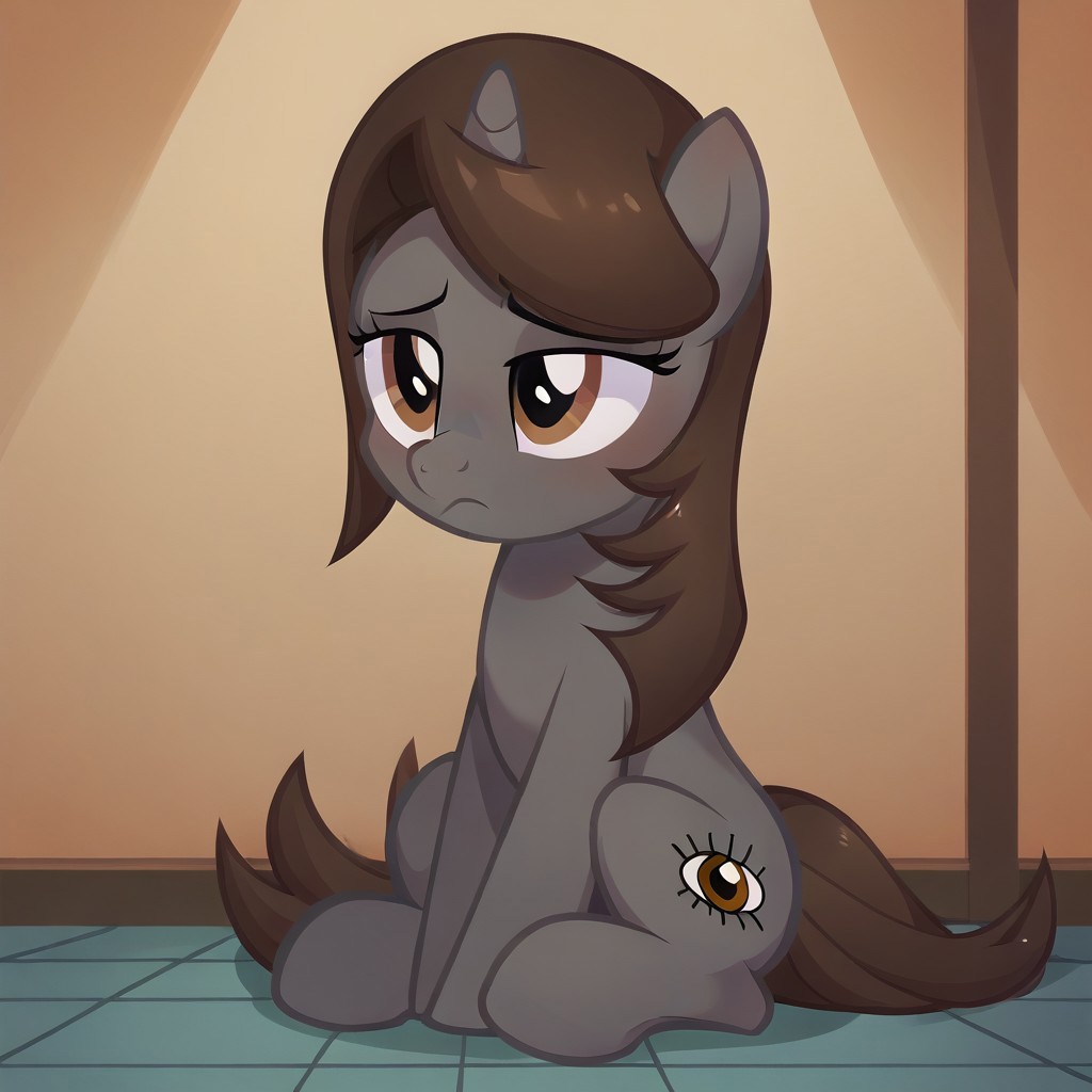 masterpiece, perfect detail, best high quality, source_pony, show accurate, cute, 1girl, solo, female, oc:sonata, pony, no light, prison, imprisoned, behind bars, sitting, frown, dejected frown, sad, lidded eyes, beautiful, looking down at floor, score_9, score_8_up, score_7_up, score_6_up, score_5_up, score_4_up