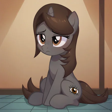 masterpiece, perfect detail, best high quality, source_pony, show accurate, cute, 1girl, solo, female, oc:sonata, pony, no light, prison, imprisoned, behind bars, sitting, frown, dejected frown, sad, lidded eyes, beautiful, looking down at floor, score_9, score_8_up, score_7_up, score_6_up, score_5_up, score_4_up