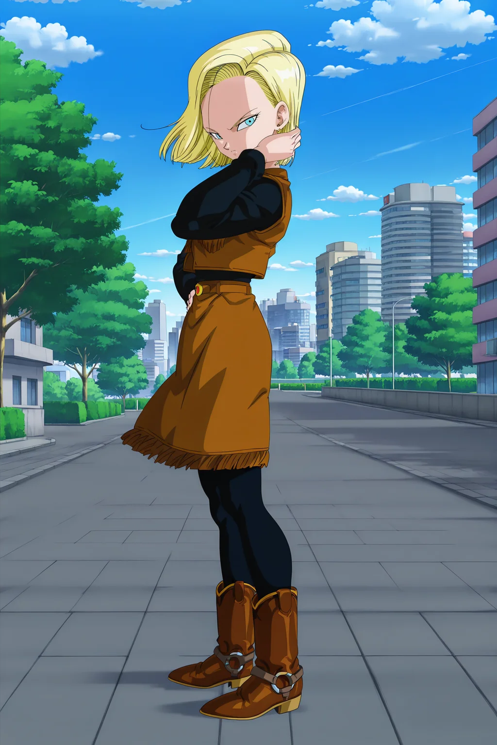 anime screencap, absurdres, high quality, official style,
android 18, cow girl outfit, anime coloring, official style, 1girl, solo, looking at viewer, blue eyes, blonde hair, standing, full body, pantyhose, outdoors, sky, day, looking back, cloud, tree, blue sky, black legwear, wind, building, hand in own hair, city, pavement, cityscape, brown footwear, brown jacket, brown skirt, from side, cowboy boots, eyelashes, hand on hip, shoulder pads, black sleeves, long sleeves, v-shaped eyebrows, v-shaped eyes
 <lora:Android_18_-_Dragon_Ball:0.8>