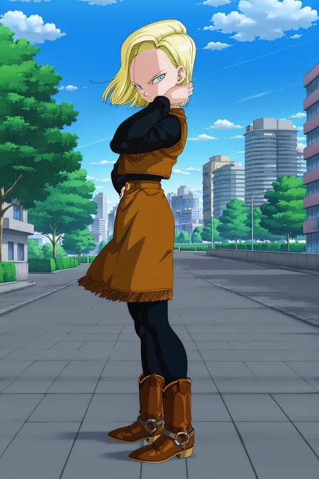 anime screencap, absurdres, high quality, official style,
android 18, cow girl outfit, anime coloring, official style, 1girl, solo, looking at viewer, blue eyes, blonde hair, standing, full body, pantyhose, outdoors, sky, day, looking back, cloud, tree, blue sky, black legwear, wind, building, hand in own hair, city, pavement, cityscape, brown footwear, brown jacket, brown skirt, from side, cowboy boots, eyelashes, hand on hip, shoulder pads, black sleeves, long sleeves, v-shaped eyebrows, v-shaped eyes
<lora:Android_18_-_Dragon_Ball:0.8>