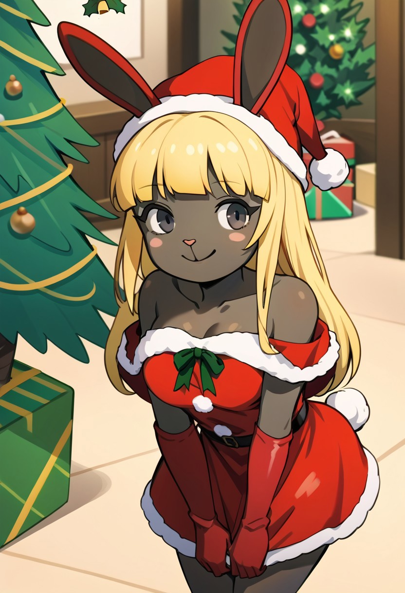 score_9, score_8_up, score_7_up, anime screencap,easynegative, beach background, dark, 1girl, solo, cute,bonbon_(\animal_crossing), rabbit, lagomorph, anthro, yellow hair, long hair, grey fur, black eyes, Santa_Dress, santa hat, christmas, sack, merry christmas, gift, fur-trimmed headwear, santa dress, fur-trimmed dress, christmas tree, christmas tree, fur trim, red capelet, gift box, red gloves, fur-trimmed capelet, santa gloves, red hat, hat, bare shoulders, smiling, winking, leaning forward