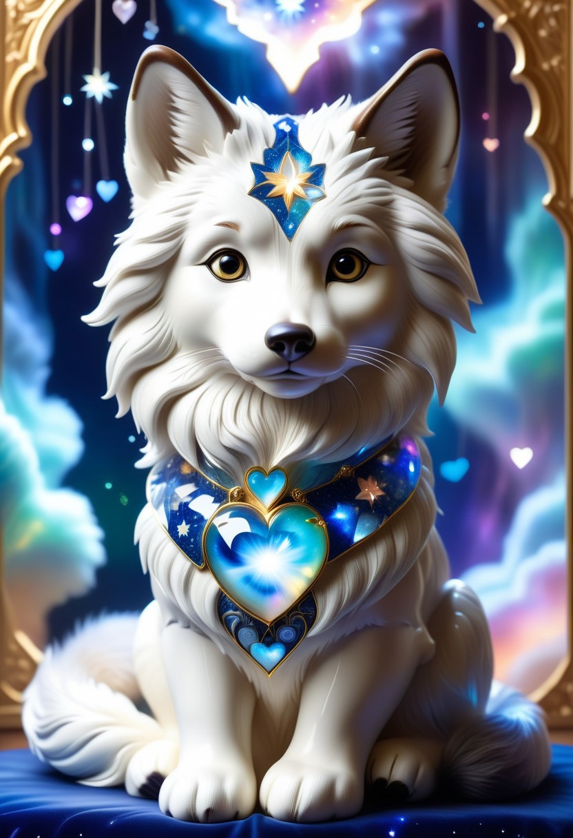 1 baby wulf made of Bluepatternporcelain  being playful, wearing a choker made of Aura Quartz in different colours, different fur, super cute,, The Wulf is sitting on a Couch,lluminated by the ethereal glow of soft lightning, the light is reflecting shadows on the cute animal, for the viewer, it appears alive, as if a glimpse of its inner sparkle is possible, star sky, peacful and grateful atmosphere, painted hearts, magical atmosphere, close up(((cuteness overload))