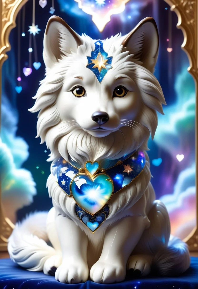 1 baby wulf made of Bluepatternporcelain  being playful, wearing a choker made of Aura Quartz in different colours, different fur, super cute,, The Wulf is sitting on a Couch,lluminated by the ethereal glow of soft lightning, the light is reflecting shadows on the cute animal, for the viewer, it appears alive, as if a glimpse of its inner sparkle is possible, star sky, peacful and grateful atmosphere, painted hearts, magical atmosphere, close up(((cuteness overload))
