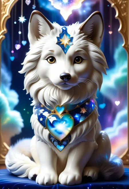 1 baby wulf made of Bluepatternporcelain being playful, wearing a choker made of Aura Quartz in different colours, different fur, super cute,, The Wulf is sitting on a Couch,lluminated by the ethereal glow of soft lightning, the light is reflecting shadows on the cute animal, for the viewer, it appears alive, as if a glimpse of its inner sparkle is possible, star sky, peacful and grateful atmosphere, painted hearts, magical atmosphere, close up(((cuteness overload))