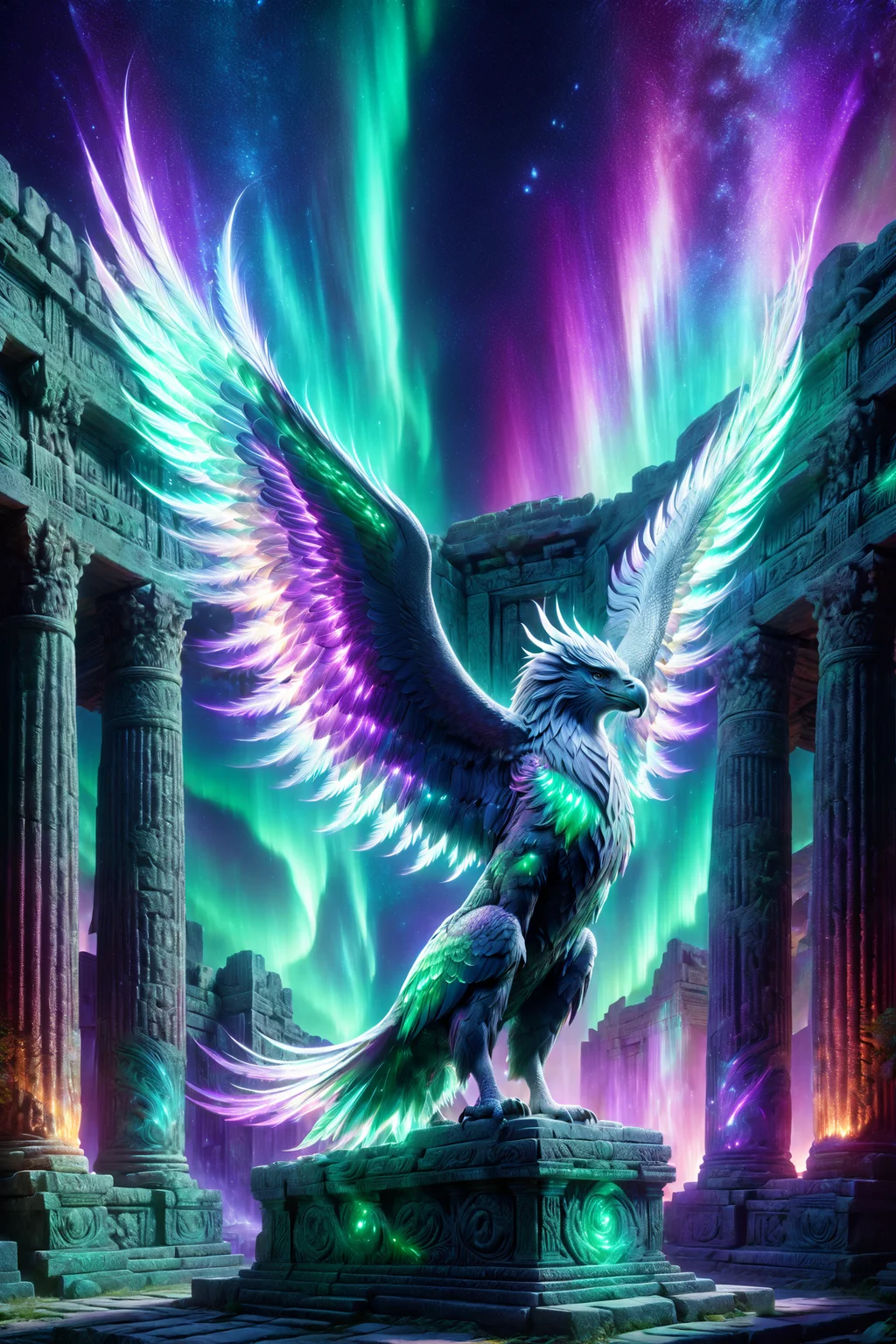 majestic griffin with glowing wings, morph-aurora, ancient temple with stone carvings, detailed background, best quality, vibrant colors, photorealistic style, high detail, hyper-realistic, highres, 4K resolution, realistic photo, masterpiece, ultra-detailed, aurora hues, vibrant greens and purples, ethereal glow, wide shot, <lora:add-detail-xl:1> <lora:aurora_0_100_V1-000009:0.65>