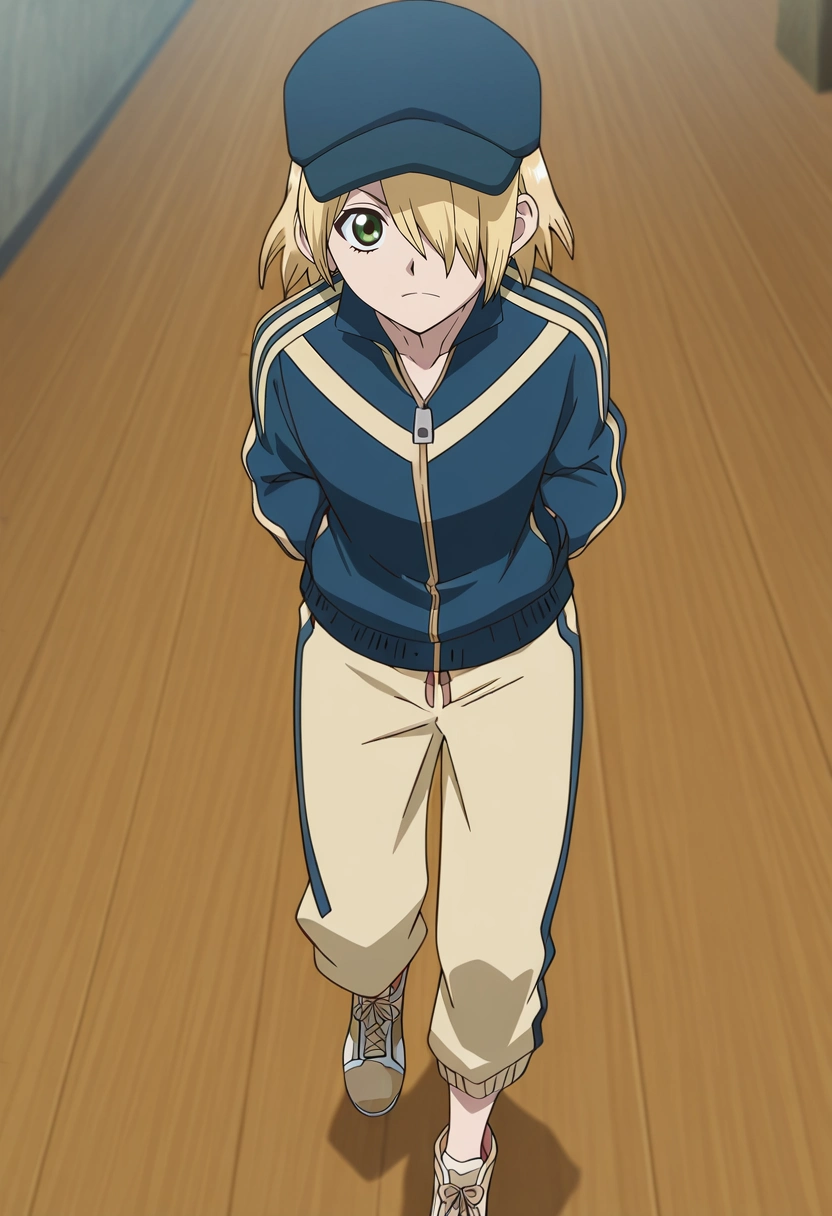masterpiece, best quality, , anime screencap, anime coloring, official style, looking at viewer, 1boy, solo, male focus, <lora:ginrou_dr_stone_ilxl:0.94>, ginrou_dr_stone, blonde hair, green eyes, short hair, hair over one eye, , , Khaki pants, Track jacket, Cap-toe shoes, ,