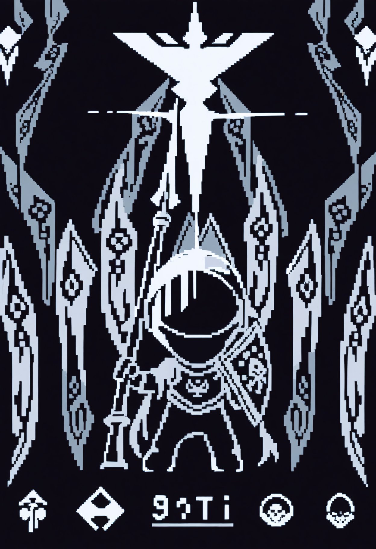 masterpiece, best quality, minimalism, pixel art, knight, weapon over shoulder, torn cape, visor, hidden eyes, glint, neon, oversized object, skull,banner, limited palette, ground, fake screenshot, chibi, standing, facing viewer, axe, polearm, kite shield, (black background:0.5), white theme, 8-bit
