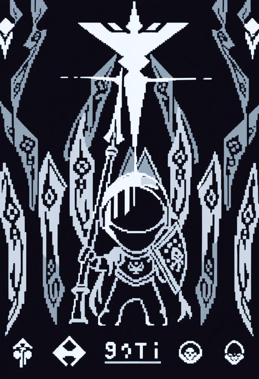masterpiece, best quality, minimalism, pixel art, knight, weapon over shoulder, torn cape, visor, hidden eyes, glint, neon, oversized object, skull,banner, limited palette, ground, fake screenshot, chibi, standing, facing viewer, axe, polearm, kite shield, (black background:0.5), white theme, 8-bit