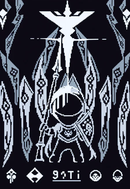 masterpiece, best quality, minimalism, pixel art, knight, weapon over shoulder, torn cape, visor, hidden eyes, glint, neon, oversized object, skull,banner, limited palette, ground, fake screenshot, chibi, standing, facing viewer, axe, polearm, kite shield, (black background:0.5), white theme, 8-bit