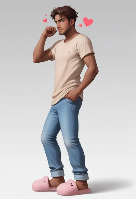 Arabian 25yo Naveen, 1boy, medium dark brown skin, slender manly body, combed medium brown hair, light blue eyes, facial expression loving, subtle beard stubble, baggy shirt, loose jeans, standing pose, leaning side view, hearts, fuzzy slippers