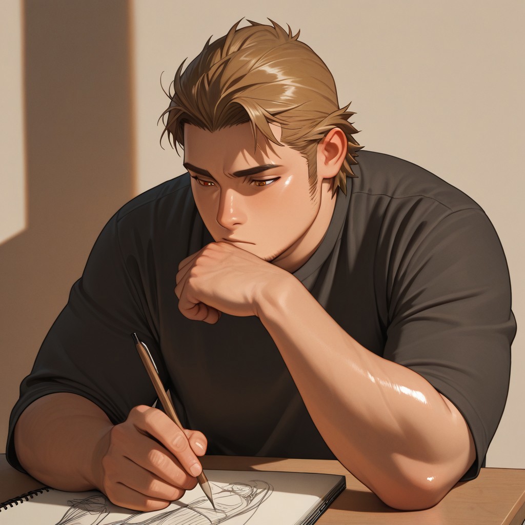 masterpiece, best quality, amazing quality, absurdres, newest, detailed background, definition so sharp, Ultra-HD, 8K cinematic, very awa, impressionate, amazing quality, highres, 
solo, male focus, manly, plump, shadow, shiny skin,
ekusoushizumu, ekusou_brunette, ekusou_orange eyes, 1boy, short hair, sideburns, stubble, artistic, thoughtful, studio, drawing, painting, sketchbook, warm_colors, muted_tones, classical_music, deep_in_thought, pensive, inspiration, creative_space, vintage