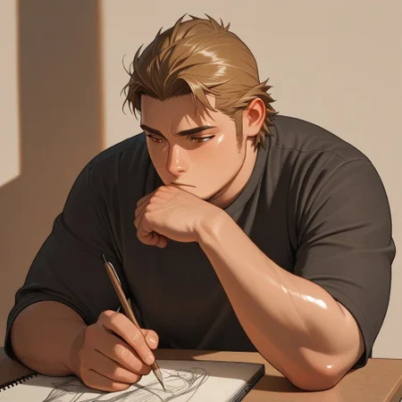 masterpiece, best quality, amazing quality, absurdres, newest, detailed background, definition so sharp, Ultra-HD, 8K cinematic, very awa, impressionate, amazing quality, highres,
solo, male focus, manly, plump, shadow, shiny skin,
ekusoushizumu, ekusou_brunette, ekusou_orange eyes, 1boy, short hair, sideburns, stubble, artistic, thoughtful, studio, drawing, painting, sketchbook, warm_colors, muted_tones, classical_music, deep_in_thought, pensive, inspiration, creative_space, vintage