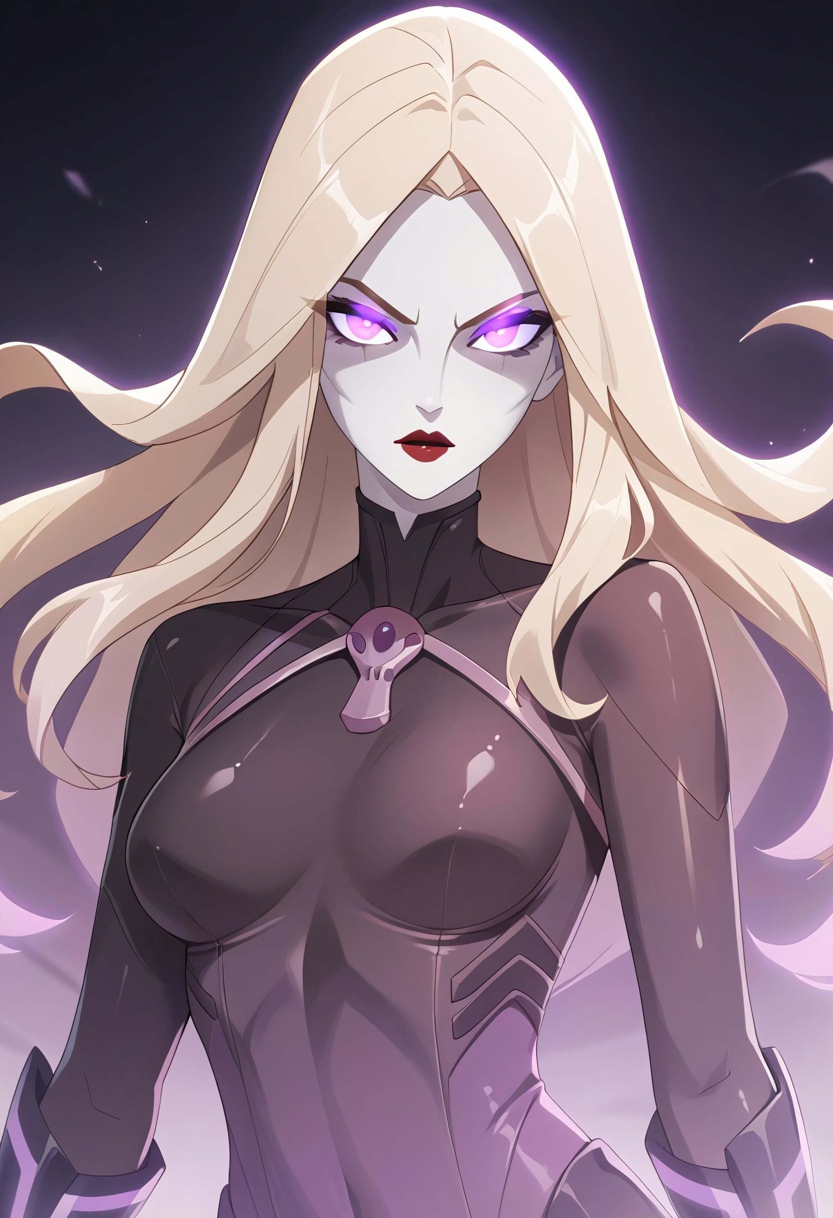 score_9, score_8_up, score_7_up, score_6_up, c1ca, 1girl, blonde hair, gray hair, blonde hair, long hair, sidelocks, pale skin, cheekbones, red lips, purple eyes, glowing eyes, purple glow, purple theme, ruanyi1046,black bodysuit,shiny clothes,skin tight,41L353iDK0N4, 