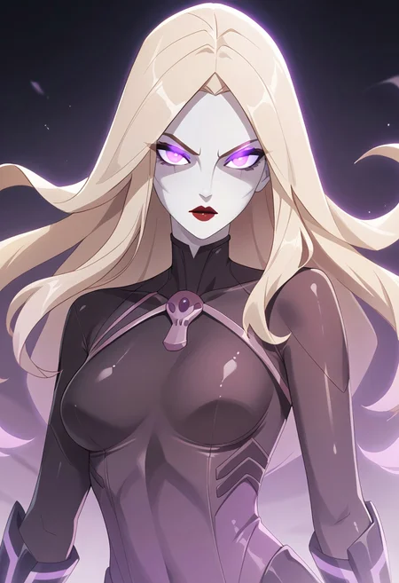 score_9, score_8_up, score_7_up, score_6_up, c1ca, 1girl, blonde hair, gray hair, blonde hair, long hair, sidelocks, pale skin, cheekbones, red lips, purple eyes, glowing eyes, purple glow, purple theme, ruanyi1046,black bodysuit,shiny clothes,skin tight,41L353iDK0N4, 