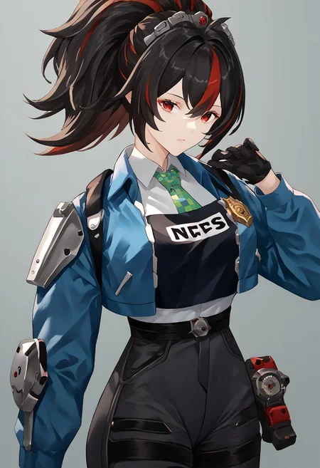 score_9, score_8_up, score_7_up, score_6_up, score_5_up, score_4_up, source_anime, 1girl, solo, 
zhu yuan, ponytail, red eyes, police uniform, blue jacket, cropped jacket, open jacket, long sleeves, black gloves, black vest, white shirt, collared shirt, checkered necktie, black pants, tight pants, high-waist pants, 
masterpiece, best quality, very aesthetic, absurdres,