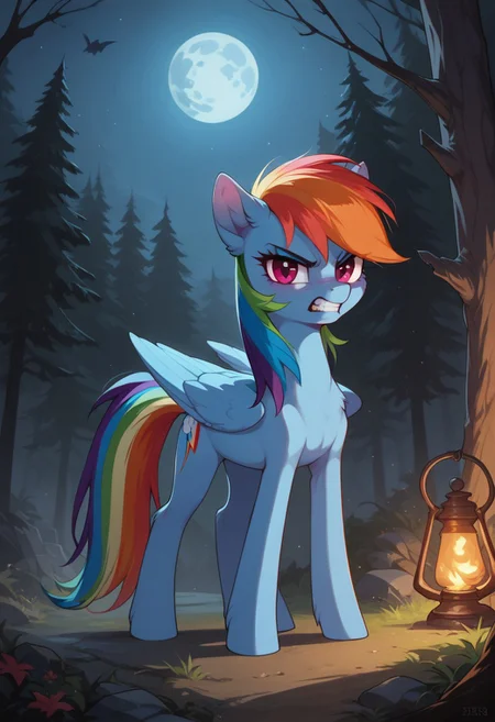 score_9, score_8_up, score_7_up, score_6_up, score_5_up, score_4_up, detaied background, (dark scary forest:1,4), night, moon, night time, dark ambient, break.
Mlp rainbow dash, thin, petite, slim, wings, female equine, feral pegasus, standing, angry face, clenched teeth, break, looking at viewer