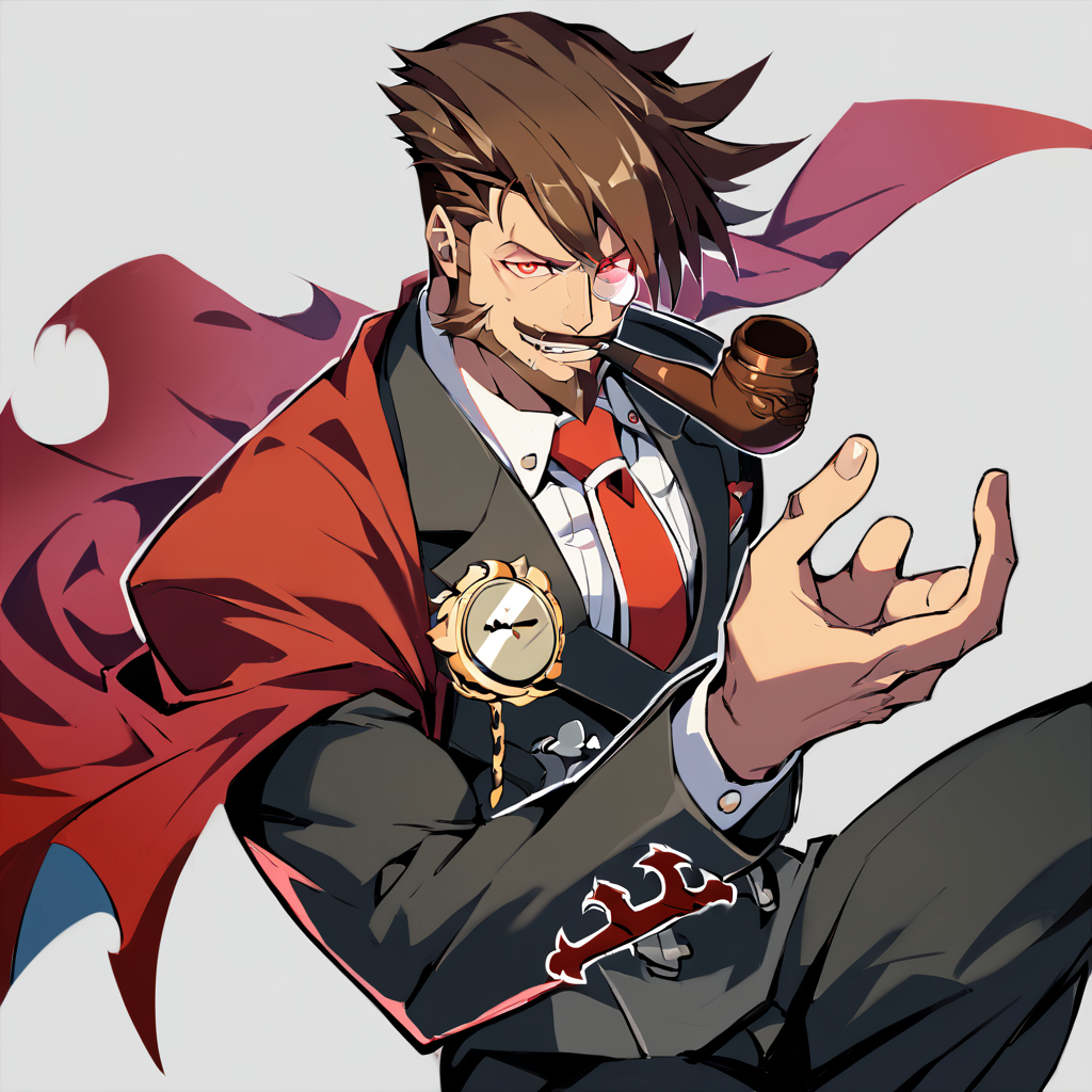 1boy, male focus, Slayer, guilty gear, score_9, score_8_up, score_7_up, score_6_up,  <lora:Slayer_from_Guilty_Gear:1>, solo, brown hair, smoking pipe, monocle, facial hair, mature male, formal, suit, cape, vampire, smirk, tie, white shirt, looking at viewer, toned, athletic, fit, fang, brown footwear, pocket watch, pipe, short hair, slicked to the side hair, mustache, male focus, best quality, amazing quality, best aesthetic, absurdres, smirk, evil smile, red eyes, glowing eyes, cocky, haughty, defiant,
