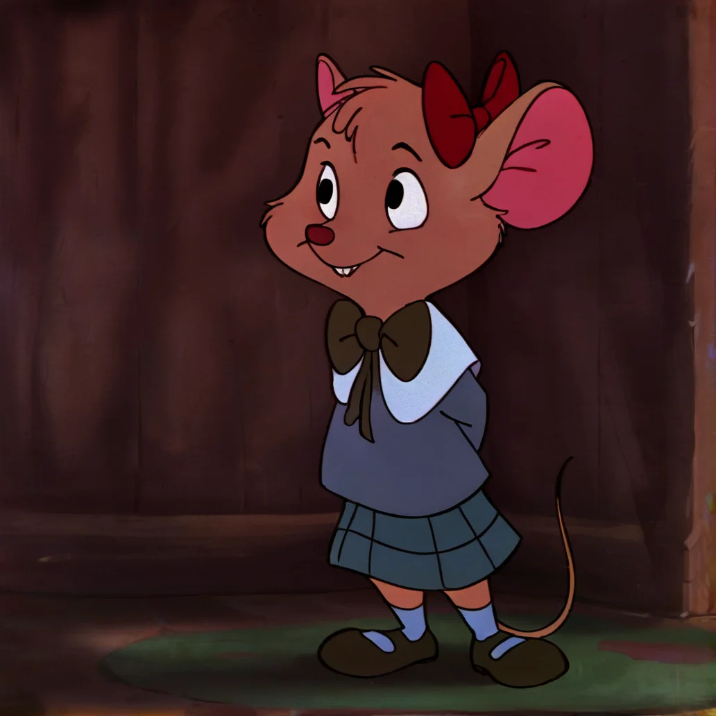 hi res, best quality, solo, female, (source_cartoon), Score_9, score_8, score_7, (masterpiece), best anatomy, small body, young, petite, short, <lora:Olivia_f:1>, animal nose, bow, brown fur, furry, hair bow, mouse ears, mouse tail, olivia_f, retro artstyle, smile, pleated skirt, coat, bowtie, shoes, black eyes, buck teeth, standing on tip toes, arms behind back