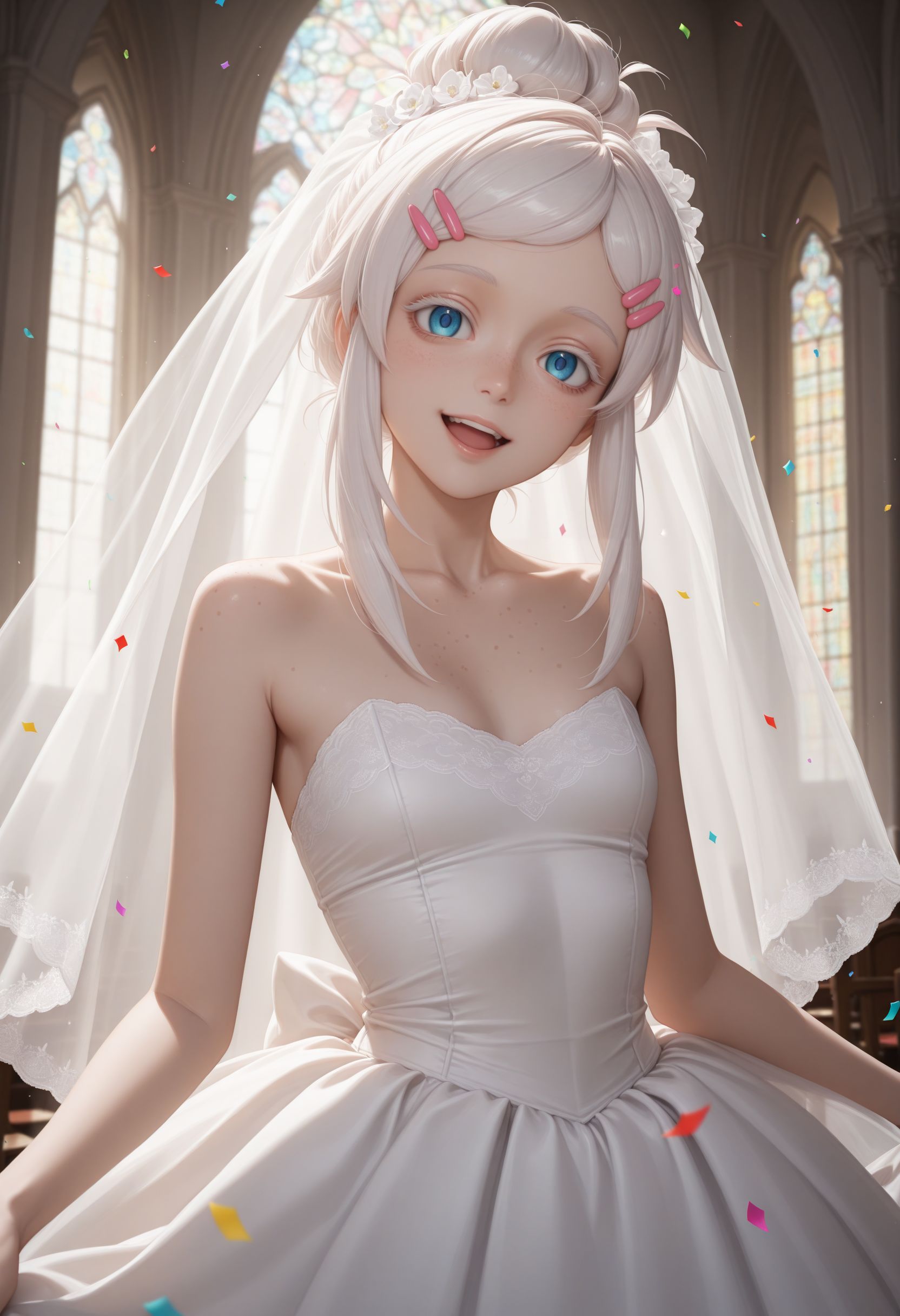 masterpiece, best quality, newest, (realistic:0.5), solo, looking at viewer, 
 <lora:Deux illu:1> 1girl, white hair, single hair bun,sidelocks, white eyelash, hairclip,freckles hair ornament, blue eyes, wedding dress, veil, church, (confetti:1.1), smile, open mouth, white dress, wedding dress), indoors