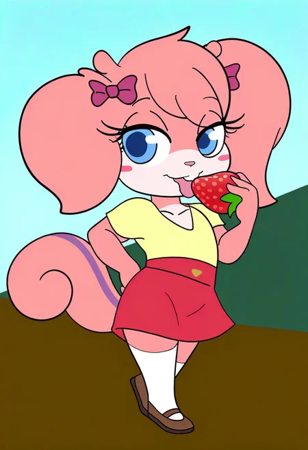masterpiece, best quality, very aesthetic, absurdres,
outdoors, casual,
full body, posing, dynamic pose, dynamic_angle, close up, holding a strawberry, licking strawberry, seductive, kind eyes,
seductive smile, parted lips, long eyelashes,
<lora:Twiggy_v01_NAIXL:1>
Tw166y,1girl,solo,furry,furry female,squirrel girl,pink hair,squirrel ears,short hair,twintails,hair bow,blue eyes,blush stickers,animal nose,buck teeth,body fur,pink fur,squirrel tail,