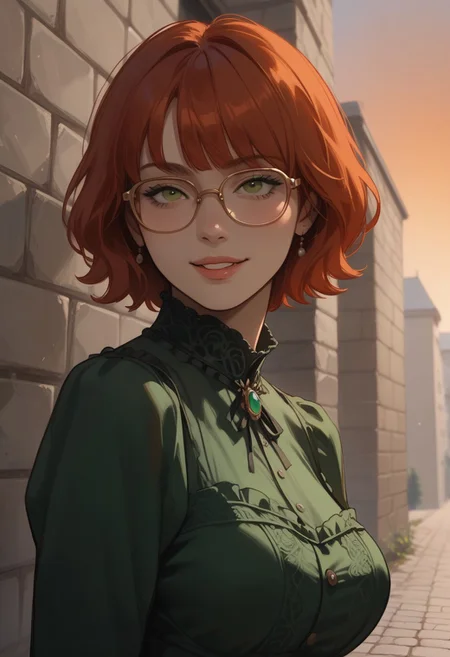 score_9,score_8_up,score_7_up,score_6_up,score_5_up, masterpiece, best_quality, ultra-detailed, straight on, cowboy shot, face focus
BREAK
1girl, solo, short red hair, bangs, green eyes, aviator glasses, large breasts, standing, smiling, green victorian dress
BREAK
garden, stone wall, cobblestones, sunset, orange sky