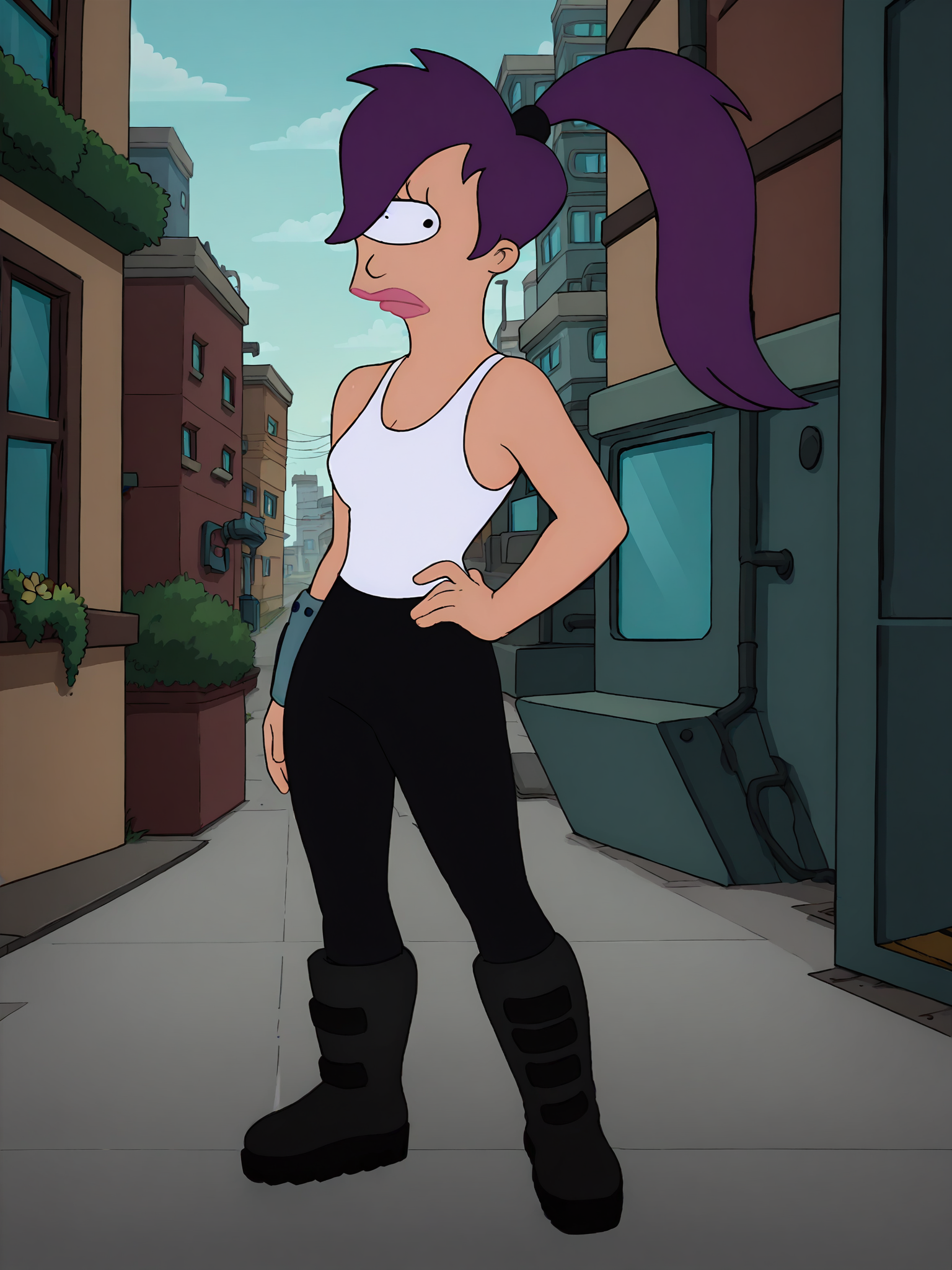 leela, 1girl, purple hair, one-eyed, cyclops, ponytail, long hair, solo, white tank top, black pants, boots, lipstick <lora:LeelaPony1.2_r2:1>,looking at viewer,cowboy shot,  city, science fiction, hand on own hip, score_9, score_8_up, score_7_up, score_6_up, score_5_up, score_4_up