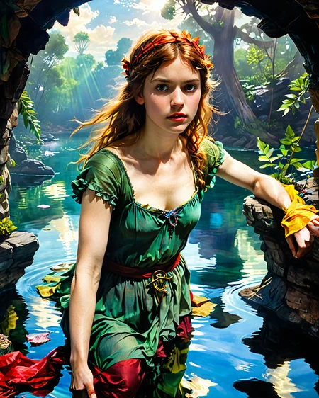neverland: A lost island, Peter Pan, optical illusion, water, reflections, transparency, elusive, vivid color, John William Waterhouse, light shining through clothing, tenebrism, <lora:add-detail-xl:1>, <lora:xl_more_art-full_v1:0.8>